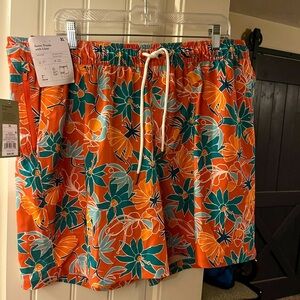 Goodfellow Orange Tropical Floral Men's Swim Trunks UPF50, 7” inseam, XL